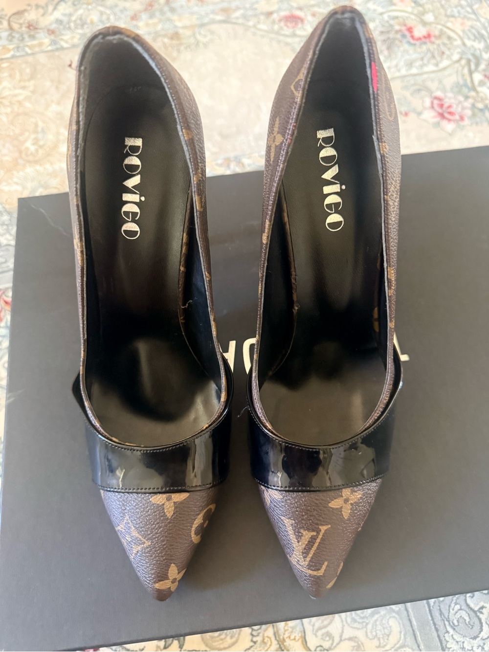 Louis Vuitton Brown Monogram Pointed Toe Patent-Trim Pumps